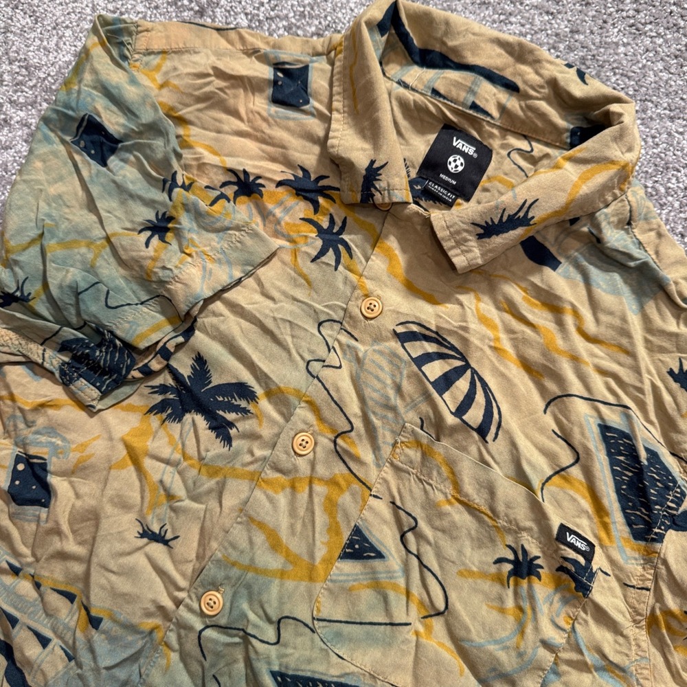 Vans Shirt Mens Medium Tan Palm Tree Viscose Hawaiian Surf Beach Skater Vacation
